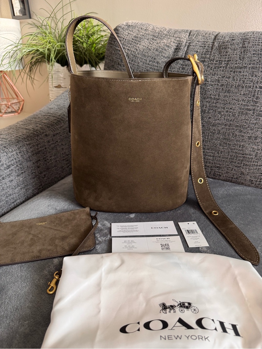 COACH Bleecker Bucket Bag in Olive Suede